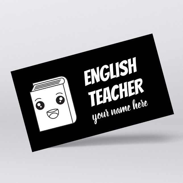 Carte De Visite Noir & Blanc Kawaii Livre mignon Anglais Enseignan (Créateur téléchargé)