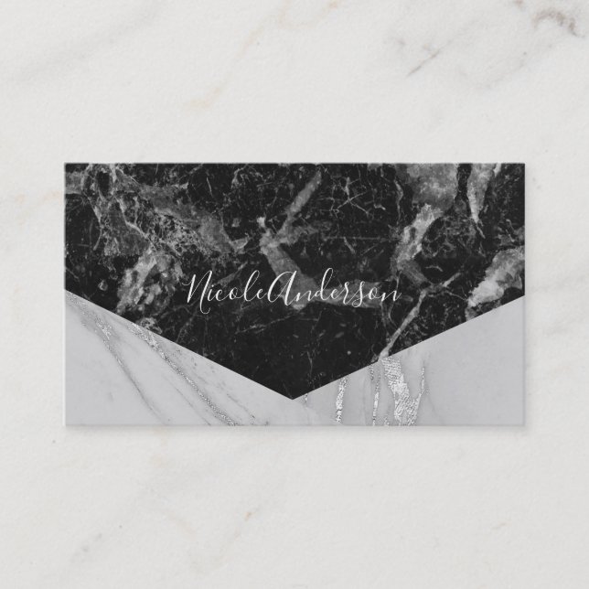 Carte De Visite Noir blanc & Marbre Argent Moderne Glam tendance (Devant)