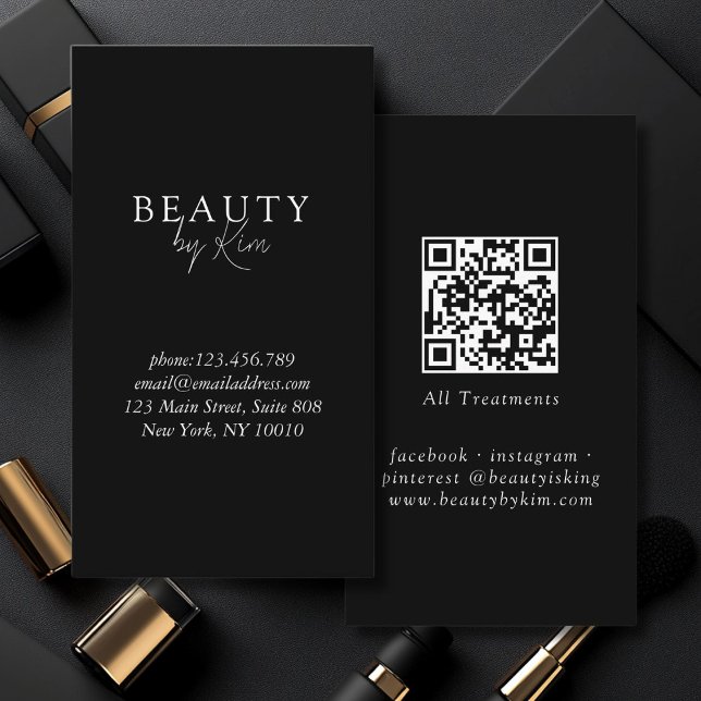 Carte De Visite Noir & Blanc Minimal Élégant, Salon QR Code (Black & White Minimal Elegant, Salon QR Code Business Card)