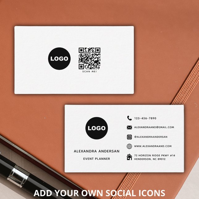 Carte De Visite Noir blanc moderne médias sociaux Code QR Logo (Modern Black White Social Media QR Code Logo Business Card)