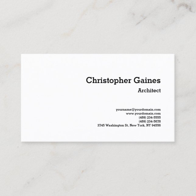 Carte De Visite Noir Blanc Simple Plain Architecte Classique (Devant)
