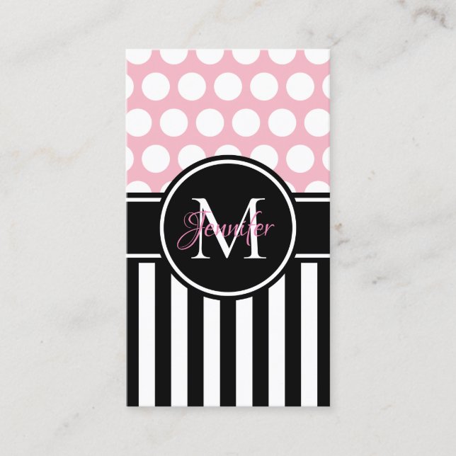 Carte De Visite Noir Blanc Stripe Polka Dot Pale Rose Monogramme (Devant)