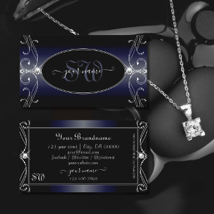 Carte De Visite Noir Bleu foncé Orné Diamants étincelants Monogram