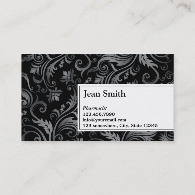 Carte de visite noir chic de pharmacien d'ornement (Devant)