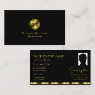 Carte De Visite Noir classique avec logo et photo chic