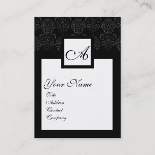 CARTE DE VISITE NOIR CLASSIQUE DOMMASQUE BLANC CARRÉ FLORAL MONOGR