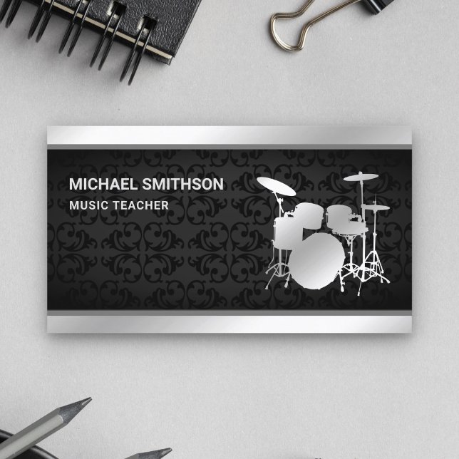 Carte De Visite Noir Damask Music enseignant Silver Drummer Kit (Créateur téléchargé)