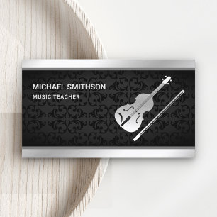Carte De Visite Noir Damask Silver Violon Musique Enseignant Violo