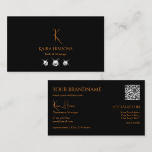 Carte De Visite Noir élégant avec Monogramme QR Code et bijoux