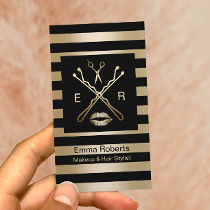 Carte De Visite Noir élégant de maquillage et de coiffeur et