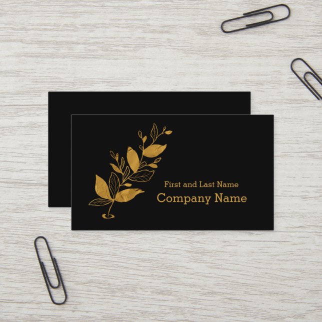 Carte De Visite Noir élégant | Logo à huile de feuille d'or (Devant/Arrière en situation)