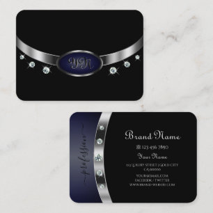Carte De Visite Noir et argent glamour avec diamants monogrammes
