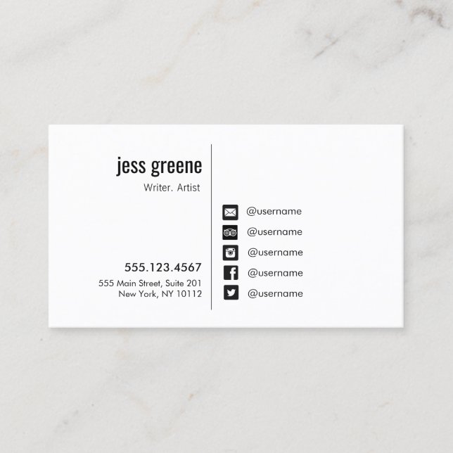 Carte De Visite Noir et blanc professionnel - Icônes de médias soc (Devant)