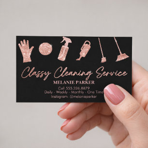 Carte De Visite Noir et or rose pailleté Services de nettoyage élé