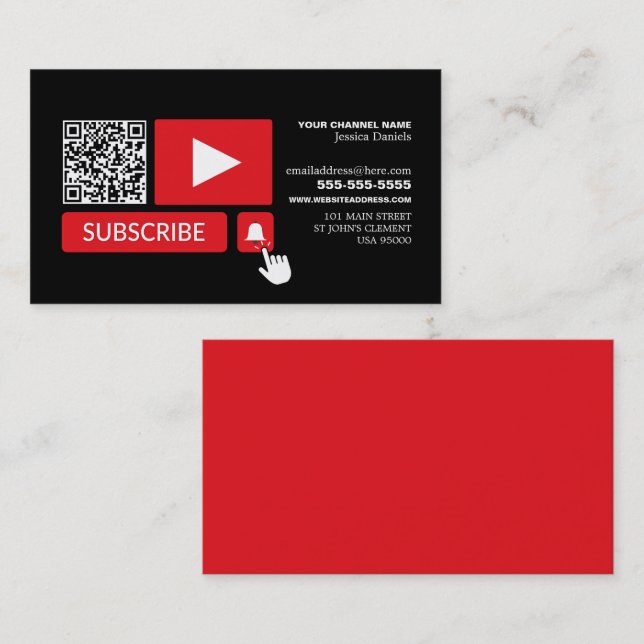 Carte De Visite Noir et rouge élégant - QR Code, Youtube - Vlogger (Devant / Derrière)