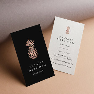 Carte De Visite Noir & Faux Rose Ananas Gold Vertical