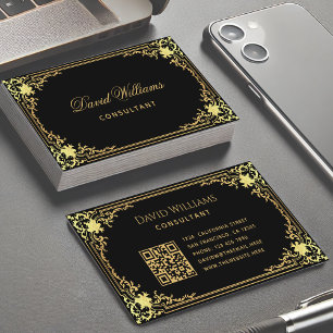 Carte De Visite Noir Gold Elegant Calligraphie Vintage Code QR