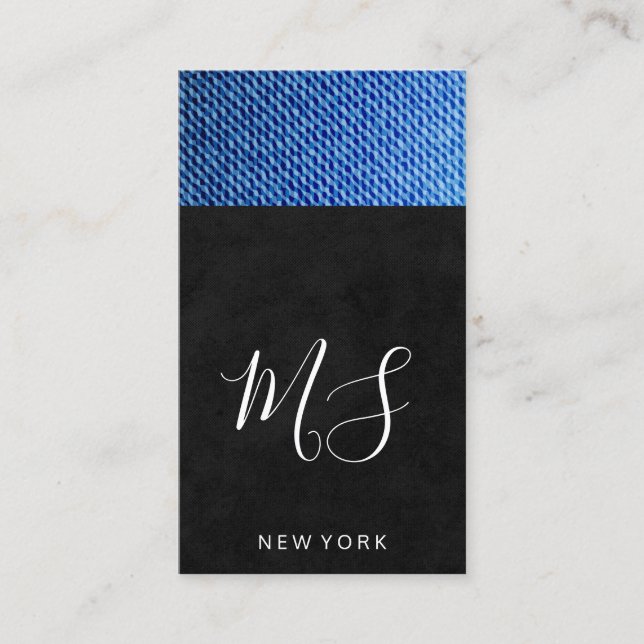 Carte De Visite Noir lisse | Texture de Denim | Monogramme (Devant)