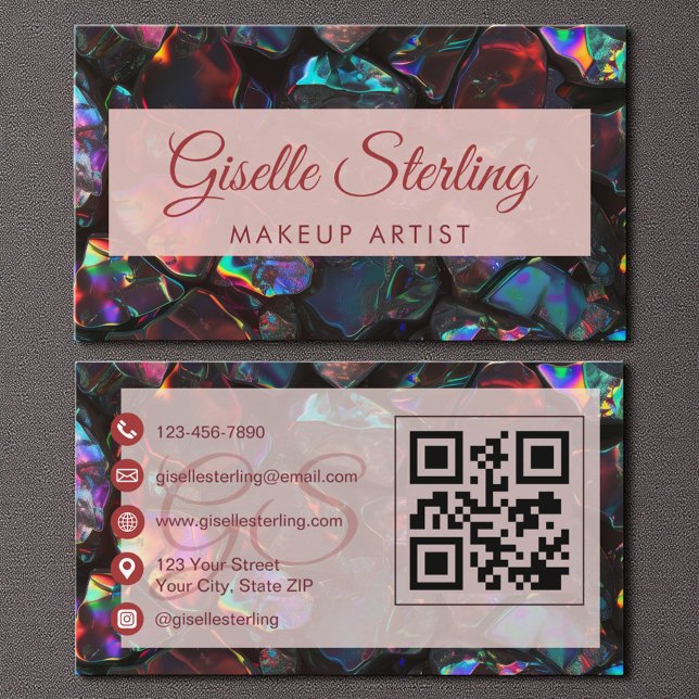 Carte De Visite Noir maquillage Artiste Opal Gemstone QR Code (Créateur téléchargé)