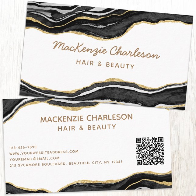 Carte De Visite Noir Marbre Agate Or Parties scintillant QR Code (Black and white agate marble faux gold custom business card with QR code)