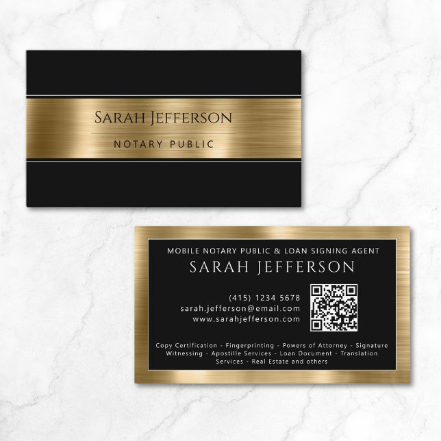 Carte De Visite Noir métal professionnel Noir QR Notaire public (Professional Metallic Gold Black QR Notary Public Business Card)