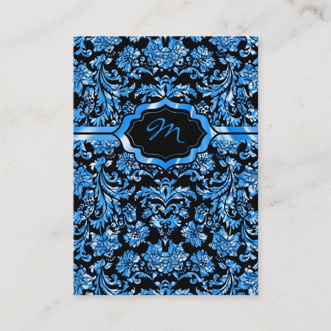 Carte De Visite Noir & Métallic Bleu Floral Damas Monogramme (Devant)