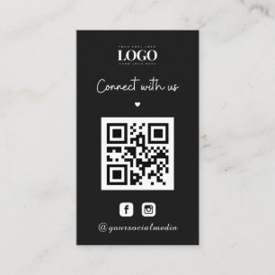Carte De Visite Noir minimal personnalisé Coeur de logo QR Code In