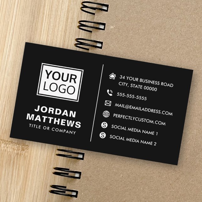 Carte De Visite Noir moderne ajouter logo social media icônes (Black modern add logo social media icons business card)