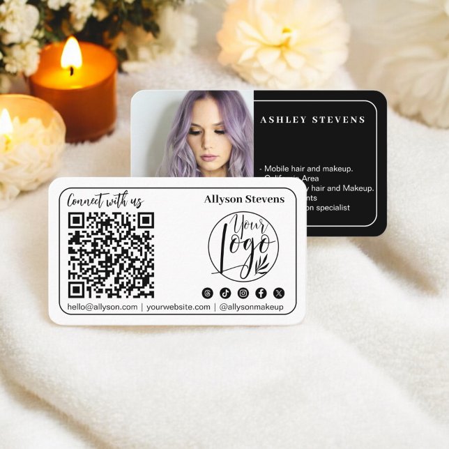 Carte De Visite Noir moderne blanc Social Media QR Code Photo Logo (Modern black white Social Media QR Code Photo Logo Business Card black white)