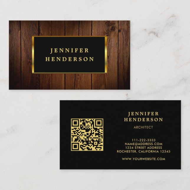 Carte De Visite Noir moderne bois QR code professionnel (Devant / Derrière)