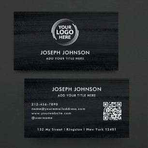 Carte De Visite Noir moderne Brush gris foncé Blanc Logo Code QR