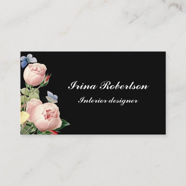 Carte de visite noir moderne de rose floral de cru (Devant)