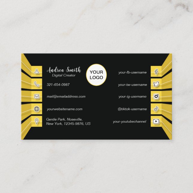 Carte De Visite Noir moderne Jaune Sociale Icônes Minimaliste (Devant)