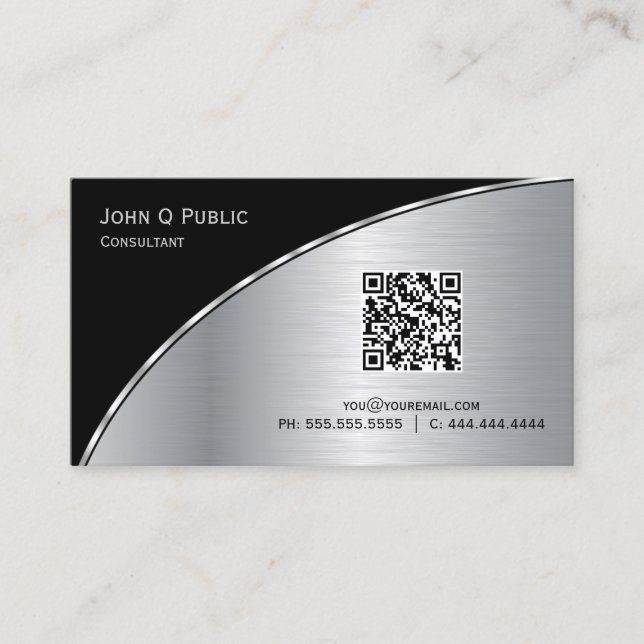 Carte De Visite Noir moderne Silver QR Elegant Professionnel (Devant)