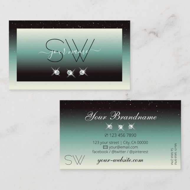 Carte De Visite Noir moderne Turquoise Gradient Bijoux étincelants (Devant / Derrière)