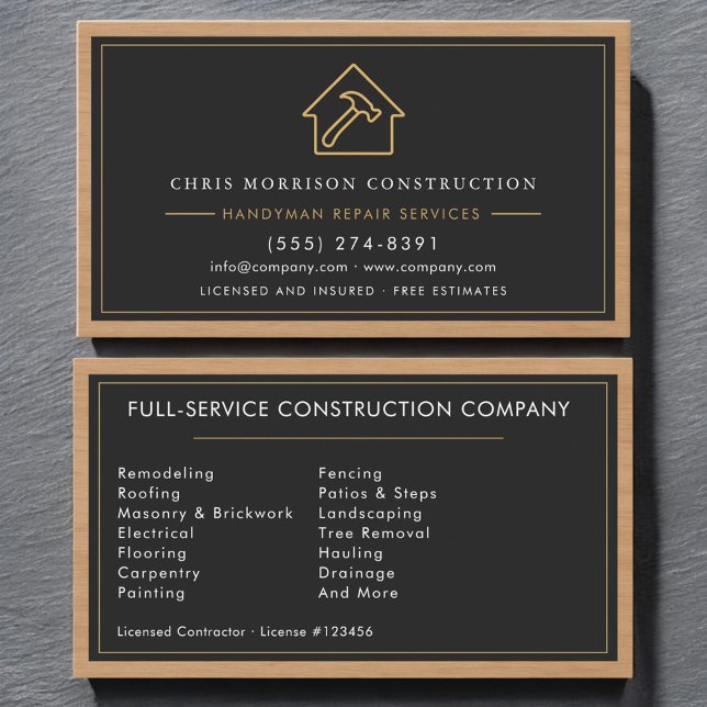 Carte De Visite Noir Or Main d'Oeuvre Bois Construction (Créateur téléchargé)