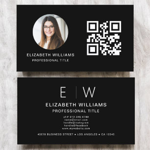 Carte De Visite Noir QR Code photo Monogramme minimaliste