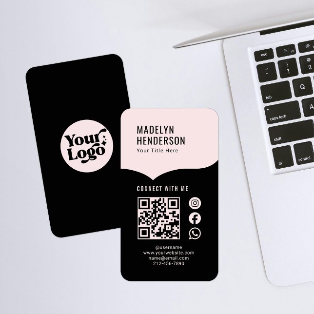 Carte De Visite Noir rose Connexion numérique QR Code Médias socia (Créateur téléchargé)