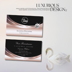 Carte De Visite Noir Rose moderne en or avec logo Sparkly Diamond