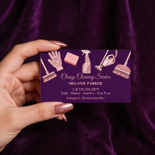 Carte De Visite Noir & Rose pailleté Services de nettoyage élégant