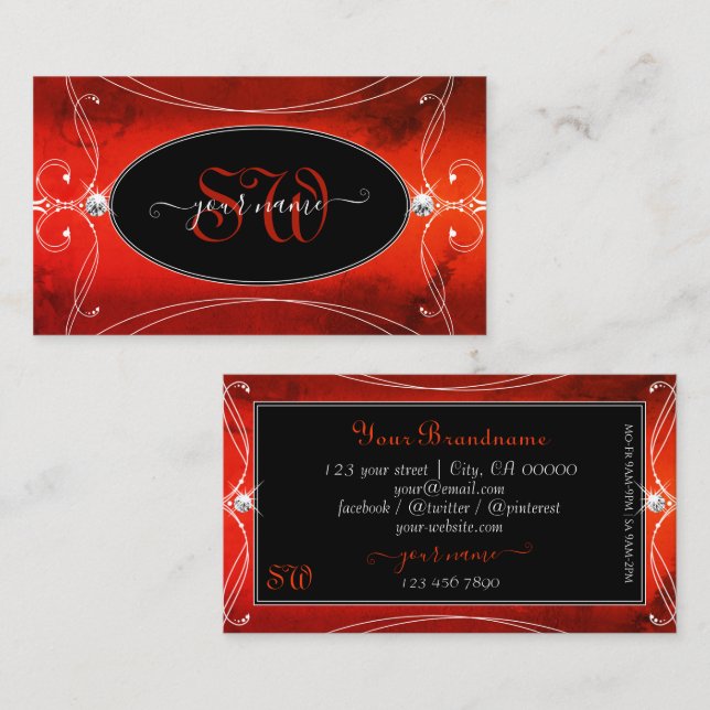 Carte De Visite Noir Rouge Squigglé Ornate Bijoux étincelants Mono (Devant / Derrière)