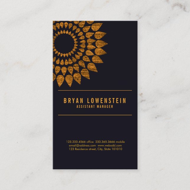 Carte De Visite Noir rustique de motif d'or de tournesol (Devant)