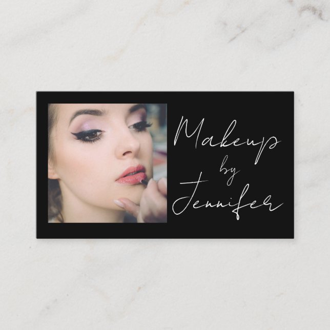 Carte De Visite Noir Script social Icons QR Code Photo Makeup Bus (Devant)