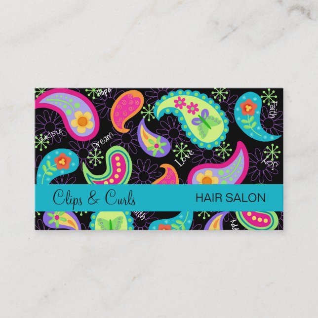 Carte De Visite Noir Turquoise Bleu Moderne Paisley Whimsy Motif (Devant)