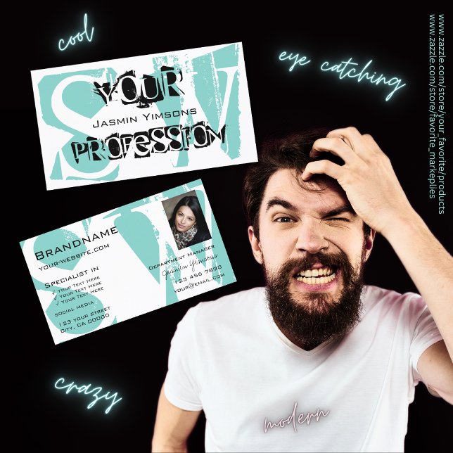 Carte De Visite Noir Turquoise moderne avec photo et monogramme (Créateur téléchargé)