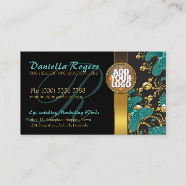 Carte De Visite Noir + Turquoise + Or brillant unique design foncé (Devant)
