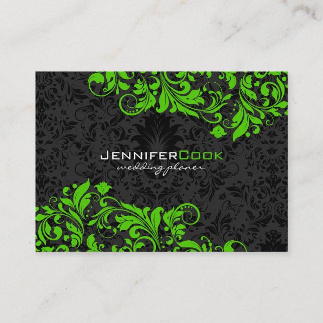Carte De Visite Noir & Vert Floral Damas 5 Wedding planner (Devant)
