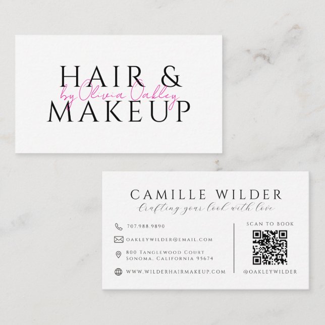 Carte De Visite Nom de code QR Maquillage et Coiffure Écriture Ros (Devant / Derrière)