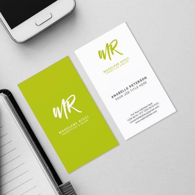 Carte De Visite Nom de script minimal initial | Lime vert (Créateur téléchargé)