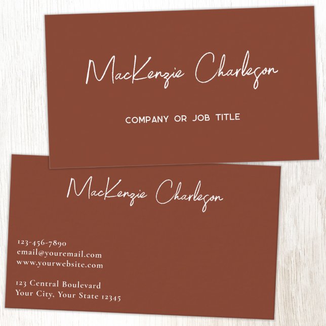 Carte De Visite Nom de script simple Terracotta Moderne (Simple modern minimalist script professional business card design terracotta brown)